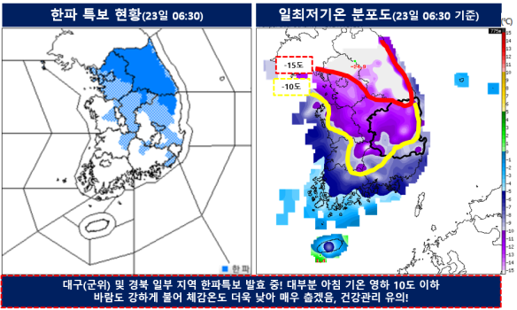 한파특보 발효 현황 및 일 최저기온 현황(2024.01.23 기준)